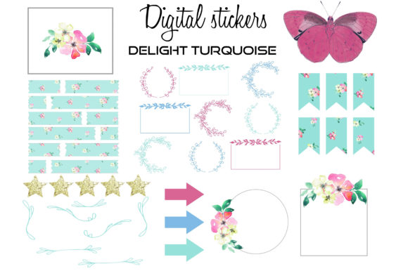 Digital Stickers, Png Turquoise Elements