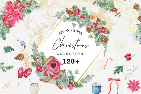 Red White Christmas Watercolor Bundle